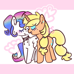 Size: 694x694 | Tagged: safe, artist:cutiesparke, imported from derpibooru, applejack, rarity, pegasus, pony, unicorn, alternate design, alternate hairstyle, alternate universe, duo, female, gem, heart, jewelry, lesbian, multicolored hair, necklace, pegasus rarity, pink background, race swap, rainbow hair, rarijack, shipping, simple background, unicorn applejack