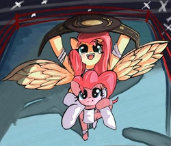 Size: 1500x1282 | Tagged: safe, artist:solid shrimp, imported from derpibooru, fluttershy, pinkie pie, earth pony, pegasus, pony, belt, clothes, duo, female, happy, mare, open mouth, open smile, smiling, sports, spread wings, wings, wrestling, wrestling belt, wrestling ring