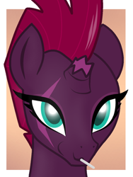 Size: 768x1024 | Tagged: safe, artist:theuser, imported from derpibooru, fizzlepop berrytwist, tempest shadow, pony, unicorn, broken horn, bust, candy, cute, eye scar, facial scar, female, food, horn, lollipop, looking at you, mare, passepartout, portrait, scar, smiling, solo, tempestbetes, three quarter view