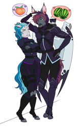 Size: 1401x2129 | Tagged: safe, artist:askbubblelee, imported from derpibooru, oc, oc only, oc:bubble lee, oc:orpheus, anthro, bat pony, unguligrade anthro, unicorn, alternate universe, anthro oc, armor, arrow, bat pony oc, crossed arms, digital art, fangs, female, flirting, food, freckles, guard, horn, innuendo, male, mare, peach, pickup lines, simple background, smiling, stallion, unamused, unicorn oc, watermelon, white background, willowverse