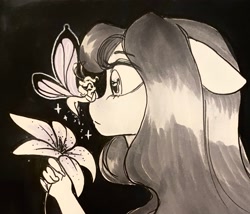 Size: 2048x1756 | Tagged: safe, artist:cherubisous, imported from derpibooru, anthro, fairy, black background, butterfly wings, duo, female, floppy ears, flower, inktober, looking into each others eyes, mare, simple background, sparkles, traditional art, wings