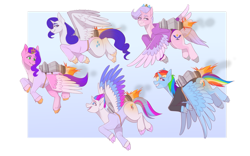 Size: 1131x707 | Tagged: safe, artist:citysyndrome, imported from derpibooru, pipp petals, queen haven, rainbow dash, rarity, zipp storm, alicorn, pony, alicornified, blue background, clothes, flying, g5, group, happy, havencorn, jetpack, leotard, pippcorn, quintet, race swap, rainbowcorn, raricorn, simple background, zippcorn