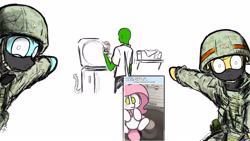 Size: 3200x1800 | Tagged: safe, artist:china consists of them!, artist:sugar morning, imported from derpibooru, applejack, rainbow dash, oc, oc:anon, oc:sugar morning, human, pony, clothes, helmet, high res, looking at you, meme, military, military uniform, pointing, simple background, soldier, soyjak, uniform, washing machine, white background, wide eyes, wojak
