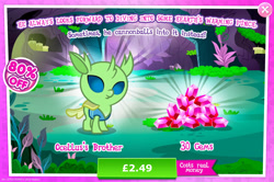 Size: 1952x1298 | Tagged: safe, imported from derpibooru, lumbar, changedling, changeling, nymph, advertisement, baby, background changeling, costs real money, english, gameloft, gem, horn, insect wings, male, moss, my little pony: magic princess, numbers, official, sale, solo, solo focus, text, wings