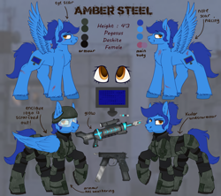 Size: 4500x4000 | Tagged: safe, artist:molars, imported from derpibooru, oc, oc only, oc:amber steel, pegasus, pony, fallout equestria, armor, armour plates, chestplate, commission, dashite, enclave, gun, helmet, magical energy weapon, reference sheet, scar, solo, visor, weapon