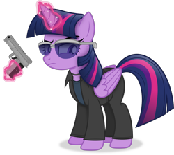 Size: 4652x4168 | Tagged: safe, artist:anime-equestria, imported from derpibooru, twilight sparkle, alicorn, pony, annoyed, clothes, female, glowing, glowing horn, gun, handgun, horn, jewelry, levitation, magic, mare, necklace, pistol, saints row, simple background, solo, sunglasses, telekinesis, transparent background, twilight sparkle (alicorn), vector, weapon, wings