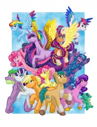 Size: 1000x1300 | Tagged: safe, artist:texasuberalles, imported from derpibooru, applejack, fluttershy, hitch trailblazer, izzy moonbow, pinkie pie, pipp petals, rainbow dash, rarity, spike, sunny starscout, twilight sparkle, zipp storm, alicorn, dragon, earth pony, pegasus, pony, unicorn, the last problem, alicornified, anniversary, anniversary art, artificial horn, artificial wings, augmented, baby, baby dragon, blaze (coat marking), braid, braided tail, chest fluff, cloven hooves, coat markings, colored hooves, colored wings, eyes closed, facial markings, female, flying, freckles, g5, gigachad spike, glowing, glowing horn, happy birthday mlp:fim, horn, jumping, magic, magic horn, magic wings, male, mane five (g5), mane seven, mane six, mare, missing accessory, mlp fim's twelfth anniversary, my little pony: a new generation, older, older applejack, older fluttershy, older mane seven, older mane six, older pinkie pie, older rainbow dash, older rarity, older spike, older twilight, princess twilight 2.0, race swap, raised hoof, socks (coat markings), stallion, sunnycorn, superhero landing, tail, twilight sparkle (alicorn), unshorn fetlocks, wings
