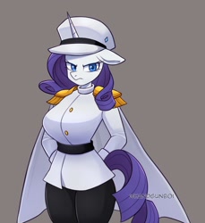 Size: 1422x1551 | Tagged: safe, artist:handgunboi, imported from derpibooru, rarity, anthro, unicorn, breasts, busty rarity, cape, captain, clothes, curvy, female, gray background, hourglass figure, military uniform, simple background, solo, uniform