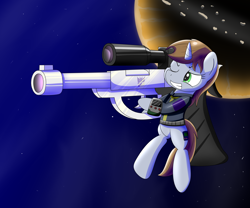 Size: 2000x1667 | Tagged: safe, artist:trackheadtherobopony, imported from derpibooru, oc, oc only, oc:littlepip, pony, robot, unicorn, fallout equestria, gun, megatron, size difference, space, transformers, weapon