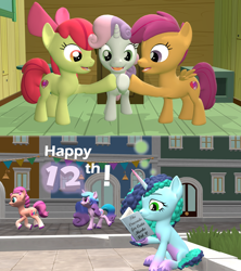 Size: 1920x2160 | Tagged: safe, artist:red4567, imported from derpibooru, apple bloom, izzy moonbow, scootaloo, sunny starscout, sweetie belle, earth pony, pegasus, pony, unicorn, 12, 3d, anniversary, book, comic, cutie mark crusaders, g4, g5, g5 to g4, generation leap, happy birthday mlp:fim, misty brightdawn, mlp fim's twelfth anniversary, reading, source filmmaker
