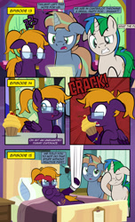 Size: 1920x3168 | Tagged: safe, artist:alexdti, imported from derpibooru, oc, oc only, oc:brainstorm (alexdti), oc:purple creativity, oc:star logic, pegasus, pony, unicorn, comic:quest for friendship, 2 4 6 greaaat, between dark and dawn, the last laugh, bed, comic, crossed hooves, crying, cupcake, dialogue, ears back, eyes closed, facehoof, female, floppy ears, folded wings, food, glasses, glowing, glowing horn, gritted teeth, high res, horn, implied twilight sparkle, lidded eyes, looking at something, lying down, magic, male, mare, on back, one ear down, onomatopoeia, open mouth, open smile, pegasus oc, pillow, pinpoint eyes, question mark, red face, smiling, speech bubble, stallion, tears of pain, teary eyes, teeth, telekinesis, twilight's castle, two toned mane, unicorn oc, vulgar, wall of tags, wings