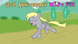 Size: 1280x720 | Tagged: safe, imported from derpibooru, derpy hooves, pegasus, pony, anniversary, confetti, female, happy birthday mlp:fim, mlp fim's twelfth anniversary, running, smiling, text