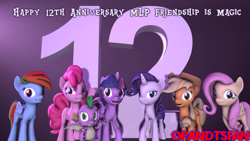 Size: 3840x2160 | Tagged: safe, artist:optimussparkle, imported from derpibooru, applejack, fluttershy, pinkie pie, rainbow dash, rarity, spike, twilight sparkle, alicorn, dragon, earth pony, pegasus, pony, unicorn, 3d, anniversary, happy birthday mlp:fim, mane seven, mane six, mlp fim's twelfth anniversary, source filmmaker, twilight sparkle (alicorn), winged spike, wings