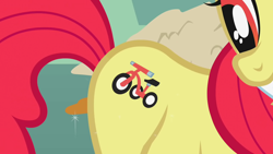 Size: 1280x720 | Tagged: safe, imported from derpibooru, screencap, apple bloom, earth pony, pony, call of the cutie, season 1, cutie mark, fake cutie mark, female, filly, foal, pictures of butts, solo