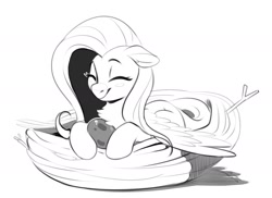 Size: 2007x1458 | Tagged: safe, artist:taneysha, imported from derpibooru, fluttershy, pegasus, pony, behaving like a bird, blush sticker, blushing, egg, eyes closed, happy, monochrome, nest, nesting instinct, smiling, solo, spread wings, wings