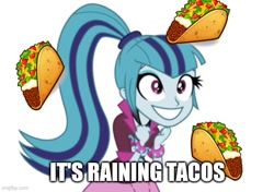 Size: 595x419 | Tagged: safe, artist:kingdark0001, editor:professorventurer, imported from derpibooru, sonata dusk, human, equestria girls, caption, female, food, image macro, it's raining tacos!, meme, parry gripp, ponytail, raining tacos, taco, text, that girl sure loves tacos, that pony sure does love tacos, that siren sure does love tacos