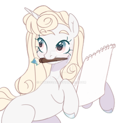 Size: 1280x1280 | Tagged: safe, artist:lynesssan, imported from derpibooru, oc, unicorn, deviantart watermark, female, mare, mouth hold, obtrusive watermark, paintbrush, simple background, solo, transparent background, watermark
