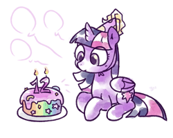 Size: 1225x980 | Tagged: safe, artist:kukie, imported from derpibooru, twilight sparkle, alicorn, pony, anniversary, cake, candle, eyelashes, female, folded wings, food, happy birthday mlp:fim, hat, looking down, lying down, mare, mlp fim's twelfth anniversary, party hat, prone, simple background, sitting, solo, twilight sparkle (alicorn), white background, wings