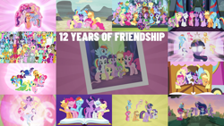 Size: 1978x1113 | Tagged: safe, edit, edited screencap, editor:quoterific, imported from derpibooru, screencap, aloe, amethyst star, apple bloom, applejack, auburn vision, berry blend, berry bliss, berry punch, berryshine, big macintosh, bon bon, bulk biceps, carrot cake, carrot top, cheerilee, cherry berry, citrine spark, clever musings, cloudchaser, daisy, derpy hooves, diamond tiara, dj pon-3, doctor whooves, fire quacker, flitter, flower wishes, fluttershy, gallus, golden harvest, granny smith, huckleberry, lemon hearts, lily, lily valley, linky, lotus blossom, lyra heartstrings, mayor mare, minuette, november rain, ocellus, octavia melody, peppermint goldylinks, pinkie pie, pipsqueak, pokey pierce, pound cake, pumpkin cake, rainbow dash, rarity, roseluck, sandbar, sassaflash, scootaloo, sea swirl, seafoam, shoeshine, silver spoon, silverstream, smolder, snails, snips, sparkler, spike, spring melody, sprinkle medley, starlight glimmer, strawberry scoop, sugar maple, summer breeze, summer meadow, sunshower raindrops, sweetie belle, sweetie drops, thunderlane, time turner, twilight sparkle, twinkleshine, twist, vinyl scratch, yona, alicorn, changeling, dragon, earth pony, griffon, hippogriff, pegasus, pony, unicorn, yak, a hearth's warming tail, fame and misfortune, friendship is magic, magical mystery cure, school daze, season 1, season 2, season 3, season 4, season 5, season 6, season 7, season 8, season 9, the beginning of the end, the best night ever, the crystal empire, the cutie map, the cutie re-mark, the last problem, the return of harmony, twilight's kingdom, spoiler:s08, spoiler:s09, 12 years of pony, anniversary, big crown thingy, book, clothes, cupcake, cutie mark crusaders, dress, element of generosity, element of honesty, element of kindness, element of laughter, element of loyalty, element of magic, elements of harmony, eyes closed, female, filly, flower trio, foal, food, friendship express, friendship student, g4, gala dress, gigachad spike, happy birthday mlp:fim, jewelry, locomotive, male, mane eight, mane seven, mane six, mare, mlp fim's twelfth anniversary, older, older applejack, older fluttershy, older mane seven, older mane six, older pinkie pie, older rainbow dash, older rarity, older spike, older twilight, open mouth, princess twilight 2.0, regalia, school of friendship, singing, stallion, steam locomotive, student six, train, twilight sparkle (alicorn), unicorn twilight, wall of tags