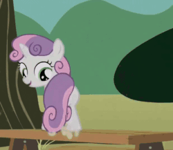 Size: 618x536 | Tagged: safe, imported from derpibooru, screencap, sweetie belle, pony, unicorn, the show stoppers, animated, butt, butt shake, cute, diasweetes, dirt, dust particles, dusting, female, filly, foal, i watch it for the plot, open mouth, picnic table, plot, prehensile tail, singing, smiling, solo, sweepy belle, sweetie butt, table, tail, tail whip, tree