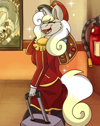 Size: 2000x2500 | Tagged: safe, alternate version, artist:euspuche, imported from derpibooru, oc, oc only, oc:margaret garcia, anthro, unicorn, female, habbo hotel, hotel, looking at you, receptionist, smiling