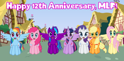 Size: 5985x2936 | Tagged: safe, artist:btnf1998, imported from derpibooru, applejack, fluttershy, pinkie pie, rainbow dash, rarity, twilight sparkle, oc, alicorn, earth pony, pegasus, pony, unicorn, anniversary, applejack's hat, cowboy hat, g4, happy birthday mlp:fim, hat, mane six, mlp fim's twelfth anniversary, ponysona, twilight sparkle (alicorn), wings