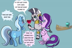 Size: 3000x1991 | Tagged: safe, artist:swagstapiece, imported from derpibooru, starlight glimmer, trixie, zecora, dragon, pony, unicorn, zebra, baby, baby dragon, blue background, butt, canoe, crossed hooves, dialogue, female, g5, mare, my little pony: make your mark, plot, roblox, simple background, sparky sparkeroni, speech bubble, style clash, the great and powerful ass, this will not end well