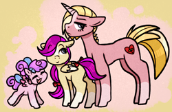 Size: 1906x1240 | Tagged: safe, artist:faerienougat, imported from derpibooru, oc, oc only, oc:fairy floss, oc:fairy slipper, oc:rose rebound, pegasus, pony, unicorn, bow, female, filly, foal, hair bow, mare, mother and child, mother and daughter, ponytail, tail, tail bow, trio