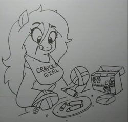 Size: 2048x1965 | Tagged: safe, artist:pony quarantine, imported from derpibooru, oc, oc only, oc:anon-mare, earth pony, pony, bib, crayon, eating, eating crayons, female, fork, grayscale, knife, licking, licking lips, mare, monochrome, plate, solo, tongue out, traditional art