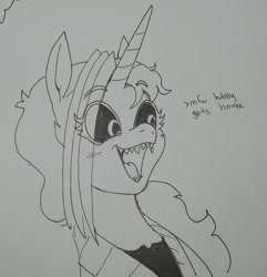 Size: 1694x1757 | Tagged: safe, artist:pony quarantine, imported from derpibooru, oc, oc only, oc:dyx, alicorn, pony, bust, dialogue, eye clipping through hair, female, grayscale, implied curtain call, mare, monochrome, older, older dyx, open mouth, open smile, sharp teeth, smiling, solo, teeth, traditional art