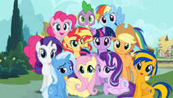 Size: 1280x720 | Tagged: safe, artist:dilemmas4u, artist:mlpfan3991, artist:the smiling pony, edit, imported from derpibooru, applejack, fluttershy, pinkie pie, rainbow dash, rarity, spike, starlight glimmer, sunset shimmer, trixie, twilight sparkle, oc, oc:flare spark, alicorn, dragon, earth pony, pegasus, pony, unicorn, anniversary, female, group photo, group shot, happy birthday mlp:fim, male, mane nine, mlp fim's twelfth anniversary, ponyville, twilight sparkle (alicorn)