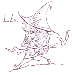 Size: 853x883 | Tagged: safe, artist:maren, imported from derpibooru, anthro, plantigrade anthro, clothes, eyes closed, female, hat, lulu (league of legends), sketch, solo, staff, walking, witch hat