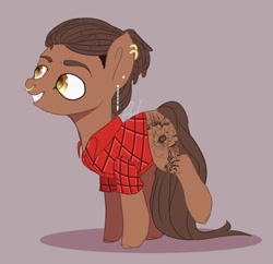 Size: 1384x1340 | Tagged: safe, artist:avi, imported from derpibooru, oc, oc:артем (avi), earth pony, pony, base used, clothes, dreadlocks, hazel eyes, piercing, shirt, signature, simple background, simple shading, solo, tattoo