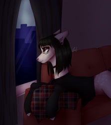 Size: 1928x2160 | Tagged: safe, artist:avi, imported from derpibooru, oc, pony, choker, clothes, curtains, eyeshadow, lidded eyes, looking out the window, makeup, signature, solo, sweater, window