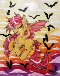 Size: 2656x3359 | Tagged: safe, artist:annuthecatgirl, imported from derpibooru, fluttershy, bat pony, pony, bat ponified, flutterbat, mixed media, race swap, solo, traditional art