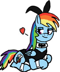 Size: 618x734 | Tagged: safe, artist:icristal, derpibooru exclusive, imported from derpibooru, rainbow dash, pegasus, pony, bunny suit, clothes, female, floating heart, g4, heart, lying down, mare, simple background, solo, white background