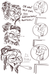 Size: 2000x3000 | Tagged: safe, artist:nire, imported from derpibooru, twilight sparkle, oc, pony, unicorn, ..., anniversary, comic, dialogue, female, freckles, glasses, happy birthday mlp:fim, mare, mlp fim's twelfth anniversary, mole, monochrome, sweat, sweatdrop, text