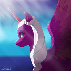 Size: 2605x2605 | Tagged: safe, artist:cadblank, imported from derpibooru, opaline arcana, alicorn, pony, spoiler:g5, spoiler:my little pony: make your mark, crepuscular rays, eyeshadow, female, g5, high res, looking at you, makeup, mare, signature, solo, spread wings, wings