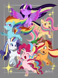 Size: 1532x2043 | Tagged: safe, artist:efuji_d, imported from derpibooru, applejack, fluttershy, pinkie pie, rainbow dash, rarity, twilight sparkle, alicorn, earth pony, pegasus, pony, unicorn, eyes closed, gray background, grin, happy birthday mlp:fim, mane six, mlp fim's twelfth anniversary, one eye closed, open mouth, open smile, rainbow power, simple background, smiling, spread wings, twilight sparkle (alicorn), wings