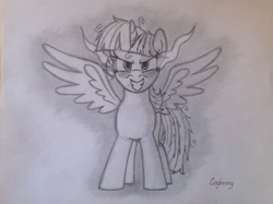 Size: 2592x1936 | Tagged: safe, artist:thebrokencog, imported from derpibooru, twilight sparkle, alicorn, pony, corrupted, corrupted twilight sparkle, dark magic, evil, evil grin, evil twilight, grin, magic, monochrome, smiling, solo, sombra eyes, traditional art, twilight is anakin, twilight sparkle (alicorn)