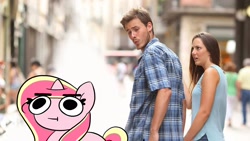 Size: 1920x1080 | Tagged: safe, alternate version, artist:kittyrosie, imported from derpibooru, oc, oc only, oc:rosa flame, human, pony, unicorn, cute, distracted boyfriend meme, horn, meme, ocbetes, solo, squatpony, unicorn oc