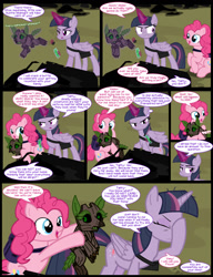 Size: 1042x1358 | Tagged: safe, artist:dendoctor, imported from derpibooru, mean twilight sparkle, pinkie pie, twilight sparkle, oc, oc:ficus, alicorn, earth pony, pony, timber wolf, comic:clone.., alternate universe, bag, bottle, clone, comic, everfree forest, facehoof, female, g4, glowing, glowing horn, horn, magic, mare, pinkie clone, saddle bag, telekinesis, twilight sparkle (alicorn)