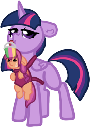 Size: 462x649 | Tagged: safe, artist:nootaz, imported from derpibooru, sunny starscout, twilight sparkle, alicorn, earth pony, pony, ><, baby carrier, carrying, drinking, duo, eyes closed, female, filly, filly sunny starscout, foal, g5, happy birthday mlp:fim, mama twilight, mlp fim's twelfth anniversary, simple background, sunny and her heroine, sweat, transparent background, twilight sparkle (alicorn), younger