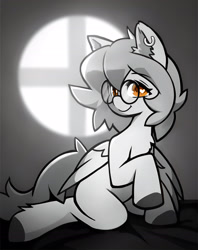 Size: 1920x2426 | Tagged: safe, artist:saikoot, derpibooru exclusive, imported from derpibooru, oc, oc only, oc:blinkcore, pegasus, pony, bed, ear fluff, ear piercing, folded wings, glasses, hooves, looking at you, male, monochrome, orange eyes, piercing, raised hoof, short hair, sitting, smiling, solo, stallion, tail, window, wings