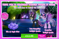 Size: 1960x1297 | Tagged: safe, imported from derpibooru, twilight sparkle, changedling, changeling, advertisement, changelingified, costs real money, english, female, gameloft, horn, insect wings, magic coins, mushroom, my little pony: magic princess, numbers, official, sale, species swap, text, twiling, wings