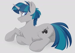 Size: 1886x1330 | Tagged: safe, artist:crimmharmony, imported from derpibooru, stygian, pony, unicorn, butt, chest fluff, cute, eye clipping through hair, gray background, looking back, lying down, male, missing accessory, plot, simple background, solo, stallion, stygianbetes