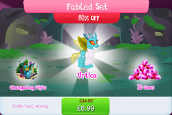 Size: 1270x852 | Tagged: safe, idw, imported from derpibooru, urtica, changedling, changeling, bundle, costs real money, english, female, gameloft, gem, horn, insect wings, moss, my little pony: magic princess, numbers, official, present, sale, solo, solo focus, text, wings
