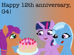 Size: 2048x1536 | Tagged: safe, artist:the crystal artist, derpibooru exclusive, imported from derpibooru, sunny starscout, trixie, twilight sparkle, alicorn, earth pony, pony, unicorn, anniversary, cake, cherry, cute, excited, female, food, frosting, g5, gradient background, happy, happy birthday mlp:fim, impressed, licking, licking lips, lineless, mare, mlp fim's twelfth anniversary, smiling, sparkly eyes, tongue out, trio, twilight sparkle (alicorn), wingding eyes