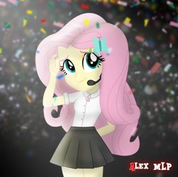 Size: 800x798 | Tagged: safe, artist:alex mlp, edit, edited screencap, imported from derpibooru, screencap, fluttershy, human, equestria girls, confetti, geode of fauna, magical geodes, microphone, solo, stage