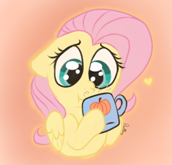 Size: 2004x1930 | Tagged: safe, artist:flutterbug18, imported from derpibooru, fluttershy, pegasus, pony, :t, cute, eggnog, female, floppy ears, hoof hold, mare, mug, orange background, shyabetes, simple background, solo